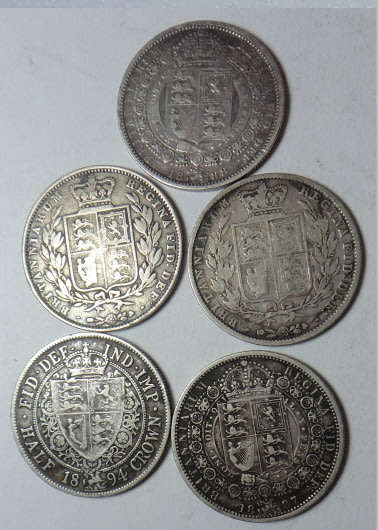 Great Britain Collection of Five Queen Victoria Sterling Silver Half Crowns