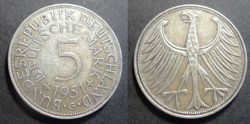 German Bundes Republic: Silver Five-Mark of 1951 (G)
