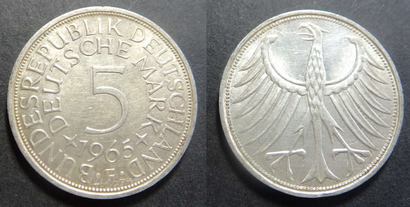 German Bundes Republic: Silver Five-Mark of 1965 (F)