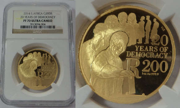 Rep. of South Africa: 1 OZ GOLD Proof R200 of 2014 (20-Years Democracy) NGC PF 70 Ultra Cameo