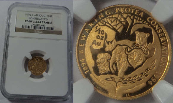 Republic of South Africa: 1/10th OZ GOLD R1 of 1994 (Conservation) NGC PF68 Ultra Cameo