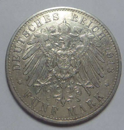Imperial Germany, Wilhelm II, Crown-size silver 5 Marks of 1913