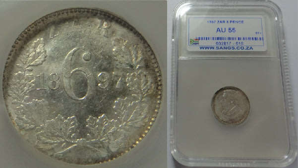 Paul Kruger ZAR: Sixpence (6d) of 1897: Sangs graded AU 55