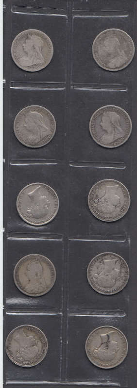 Great Britain: Ten SILVER Sixpences struck during the reign of Queen Victoria