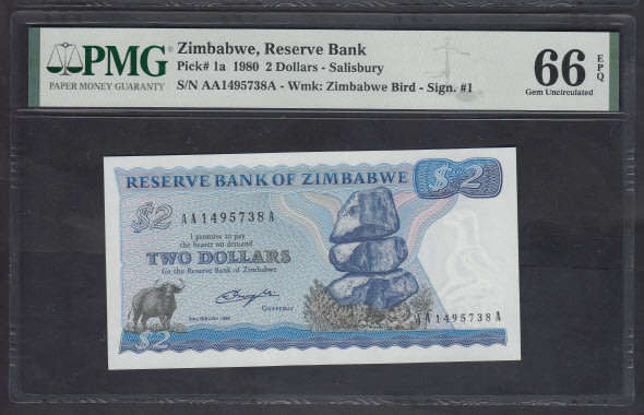 Reserve Bank of Zimbabwe : Two Dollars of 1980 : PMG graded 66 Gem Uncirculated