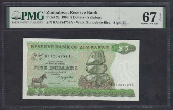 Reserve Bank of Zimbabwe : Five Dollars of 1980 : PMG graded 67 Superb Gem Uncirculated