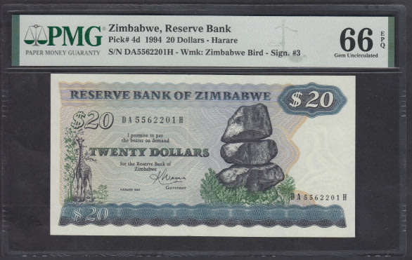 Reserve Bank of Zimbabwe : Twenty Dollars of 1983 : PMG graded 66 Gem Uncirculated