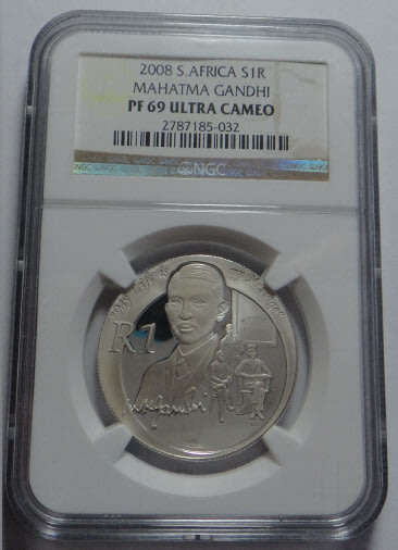 Republic of South Africa: Silver Proof R1 of 2008 (Gandhi) NGC PF 69 Ultra Cameo