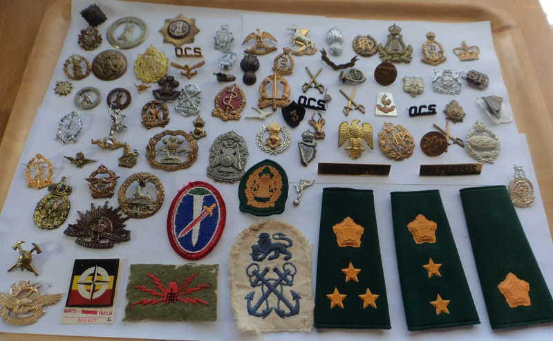 Large Collection of mostly Military Badges with Pins Missing