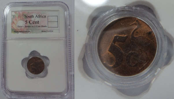 Republic of SA: 5 Cent  Sangs certified Error, Struck on 1c Blank