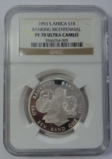 RSA Silver Proof R1 of 1993 (Banking Bicentennial) NGC Graded PF 70 Ultra Cameo