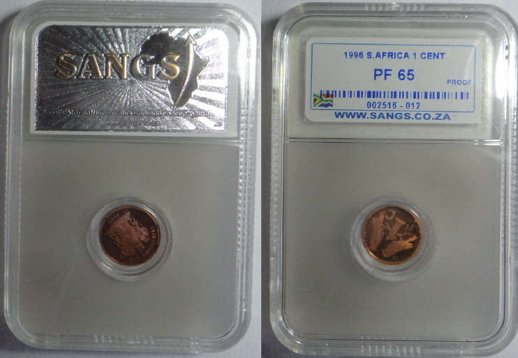 Republic of South Africa: Cent 1996, Sangs graded PF 65