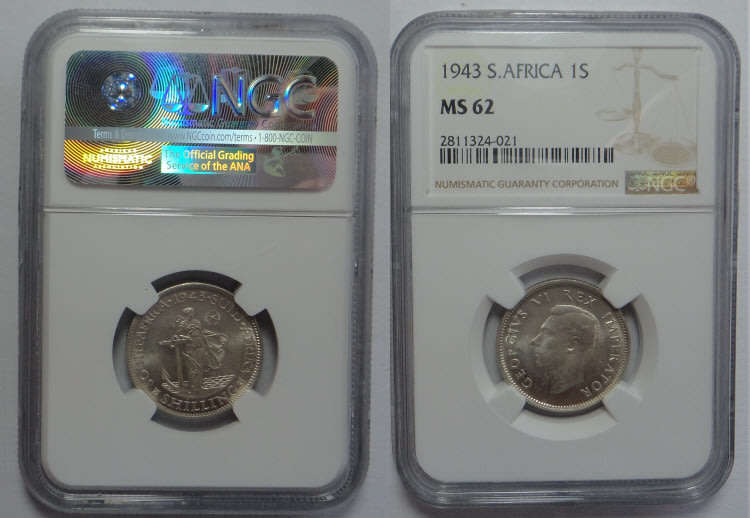 Union of South Africa: Shilling (1/-) 1943: NGC graded MS 62