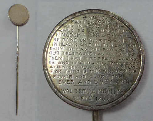 Antique Silver Pin with the Lords Prayer engraved on a Victorian Sixpence in 1882