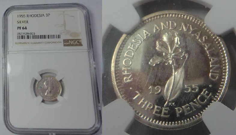 Rhodesia, Silver Threepence of 1955, NGC graded PF 64