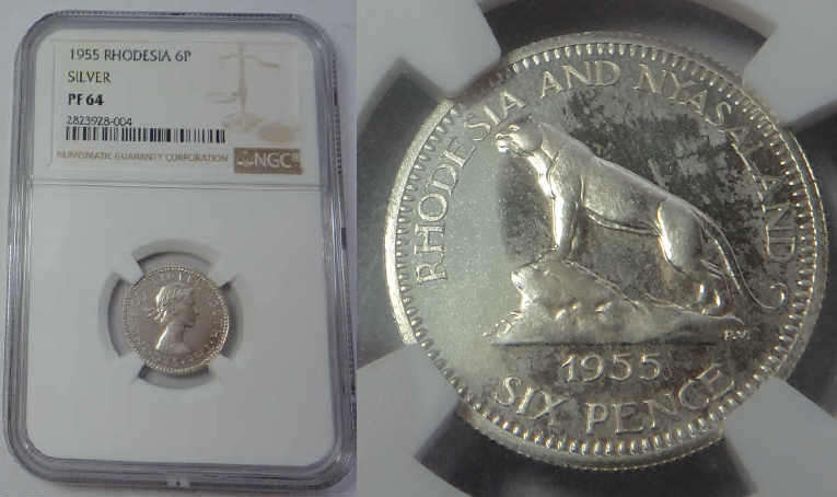 Rhodesia, Silver Sixpence of 1955, NGC graded PF 64