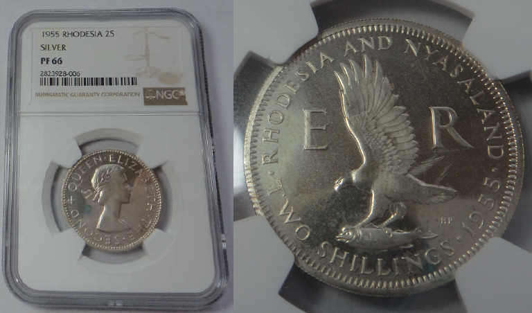 Rhodesia, Silver Two-Shillings of 1955, NGC graded PF 66