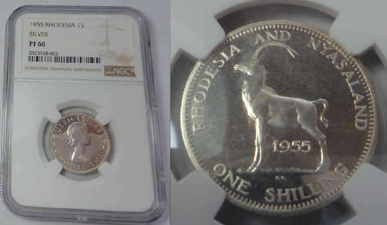 Rhodesia, Silver Shilling of 1955, NGC graded PF 66