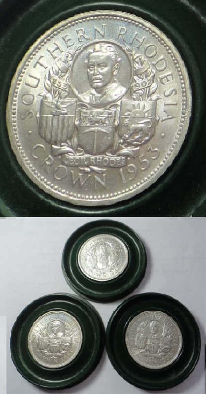 Rhodesia: Silver Rhodes Crown of 1953 in Acrylic Holder (Bid per coin to take all 3)