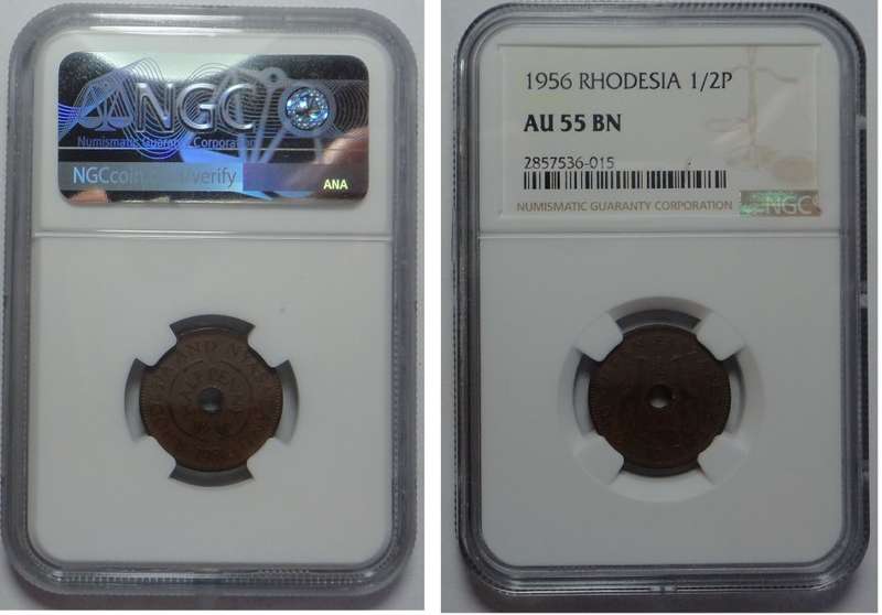 Rhodesia & Nyasaland: Half Penny of 1956: NGC graded AU 55 BN