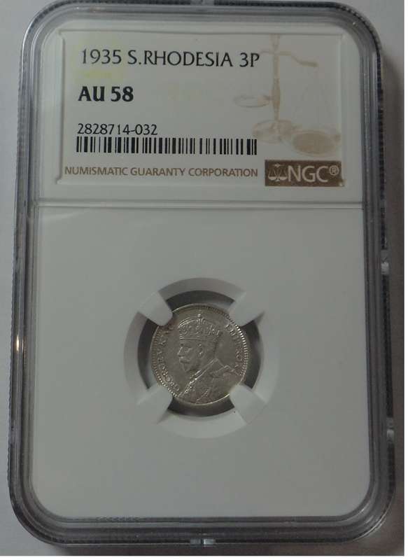 Southern Rhodesia: Three Pence of 1935: NGC graded AU 58