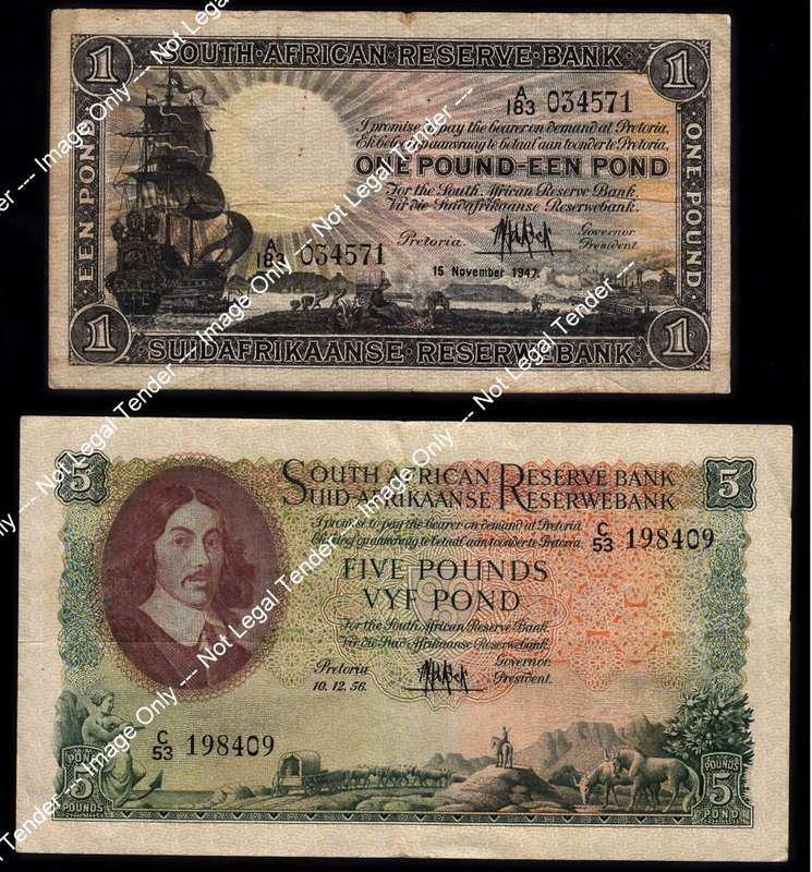 Union of SA: One Pound 15 November 1947 & 5 Pounds 10.12.1956