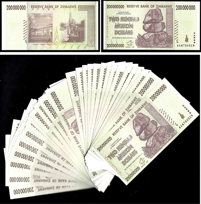 Bank of Zimbabwe: 200 Million Dollars 2008 (77 Uncirculated Notes)