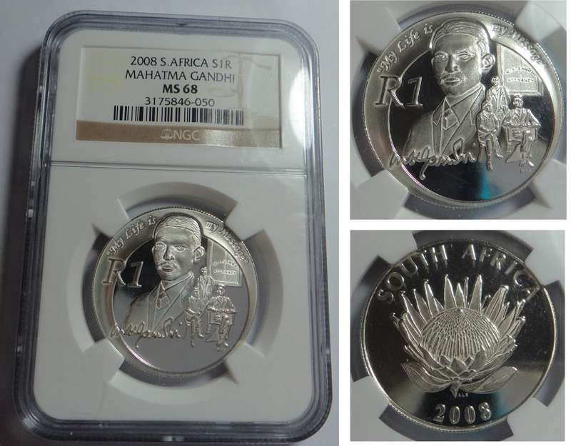 RSA: Silver R1 of 2008 (Gandhi) NGC MS 68