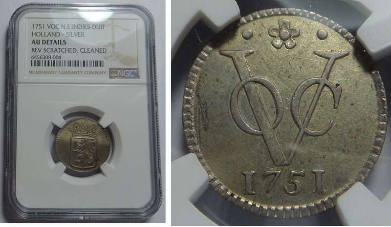 Silver VOC Duit Holland 1751 NGC AU Details