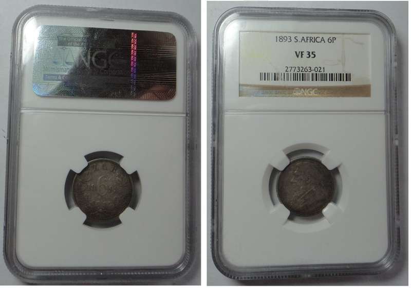 Paul Kruger ZAR Sixpence (6d) of 1893: NGC VF 35