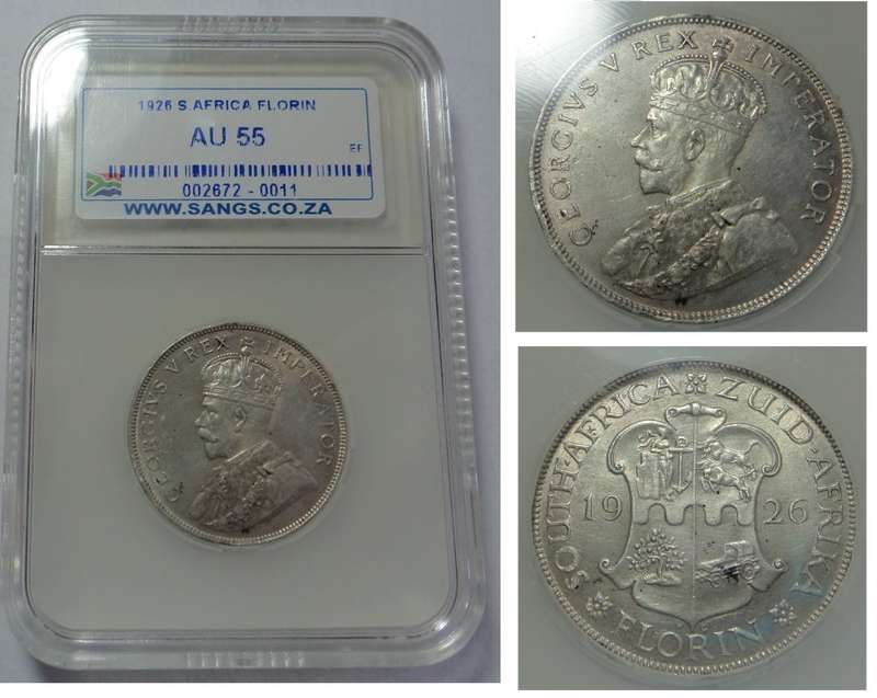 Union of South Africa: Florin (2/-) of 1926: Sangs graded AU 55