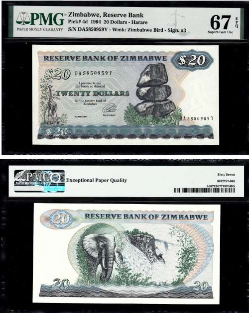 Zimbabwe: Pick 4d 1994 20 Dollars: PMG 67 Superb Gem Uncirculated