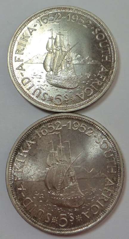 Union of South Africa: 2 x Silver Crowns (5/-) of 1952