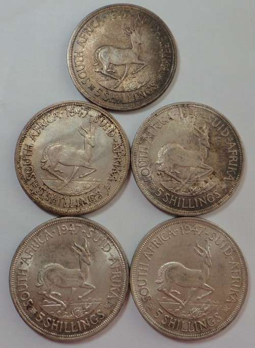 Union of South Africa: 5 x Silver Crowns (5/-) of 1947