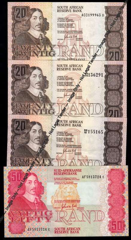 Jan van Riebeeck Bank Notes of the 1980s, 3 x R20 & 1 x R50