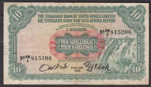 Standard Bank Windhoek SWA: Ten Shillings 31 January 1958