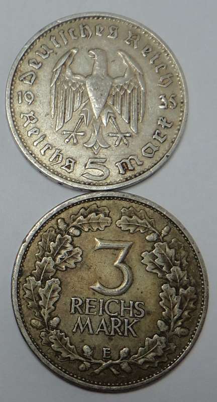 Germany: Silver 3-Marks (1925 E) & 5-Marks (1935 D)