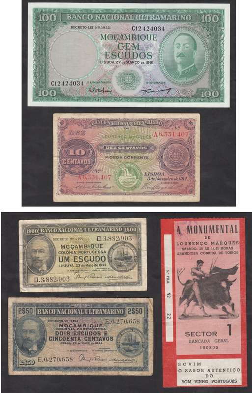 Colonial Mozambique: Small Bank Note Collection plus Bullfighting Ticket