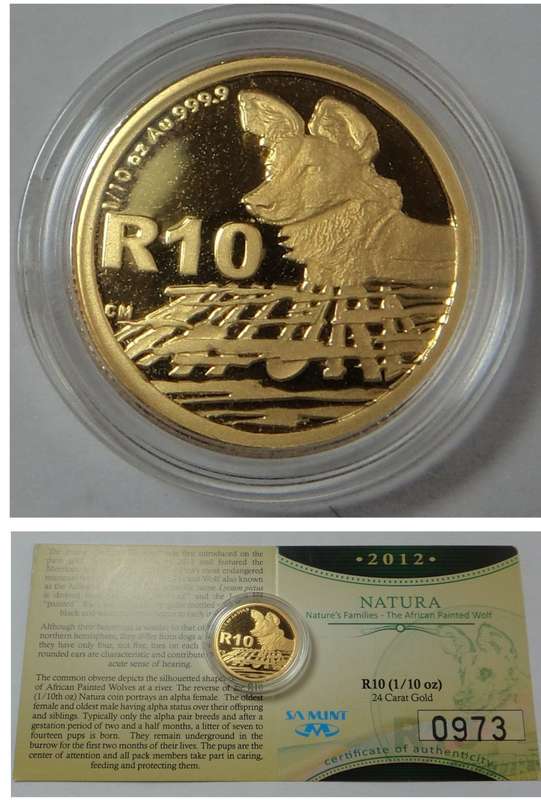 RSA: Proof Gold 1/10th Natura of 2012 (The African Painted Wolf)