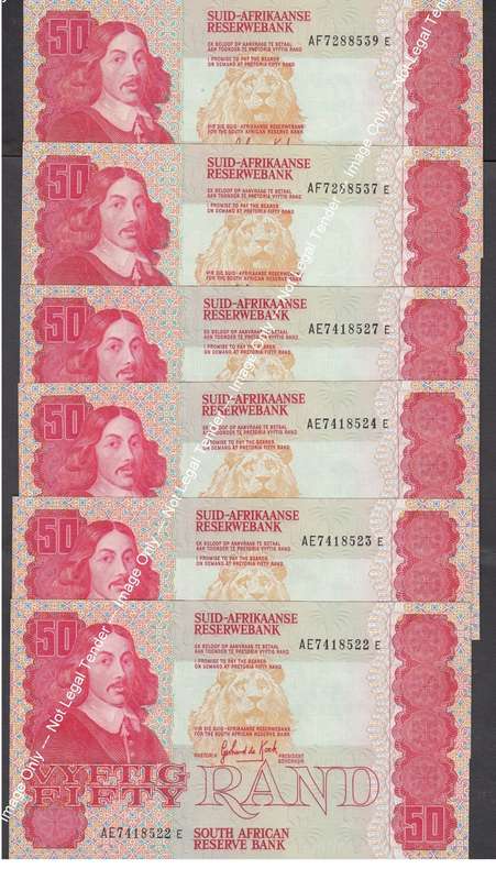 Six G. de Kock R50 notes of 1984 with close serial numbers