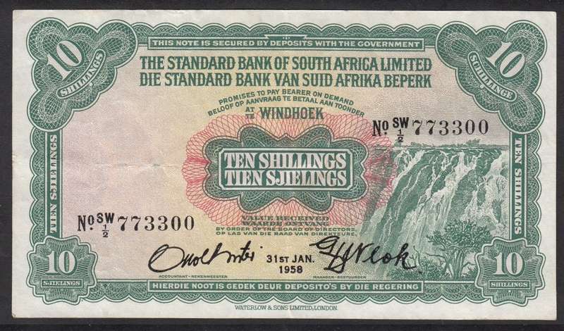 South West Africa (Windhoek) Standard Bank 10 Shillings 31 Jan 1958