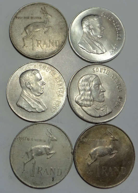 Republic of South Africa: Six SILVER R1 Coins of the 1960s (8 sets available)