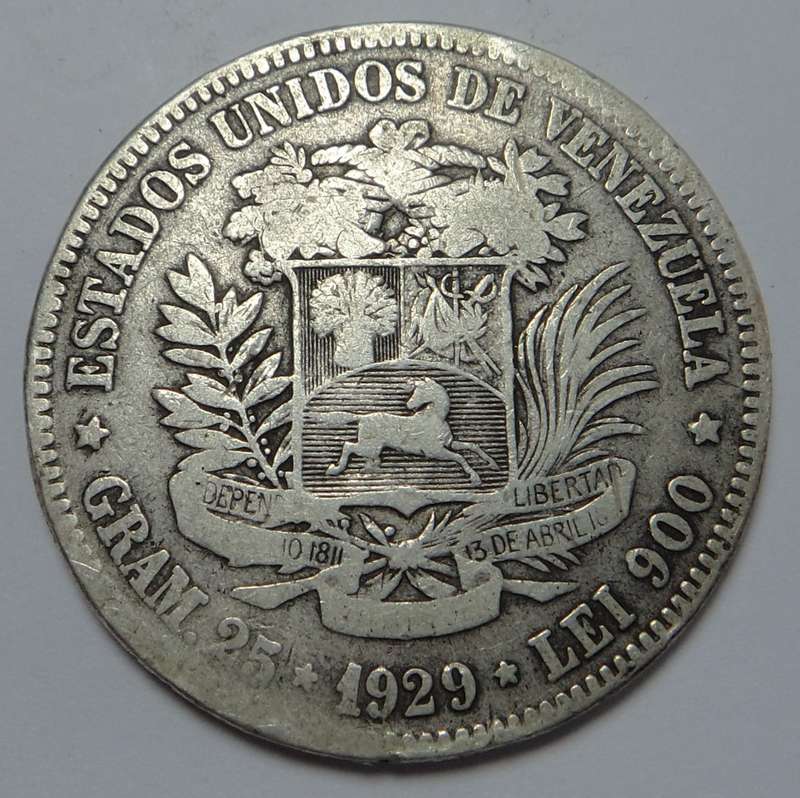 Venezuela: Crown-size Silver  5-Bolivares 1929