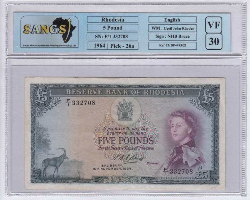Rhodesia: 5 Pounds 1964 (Pick 26a) Sangs VF30