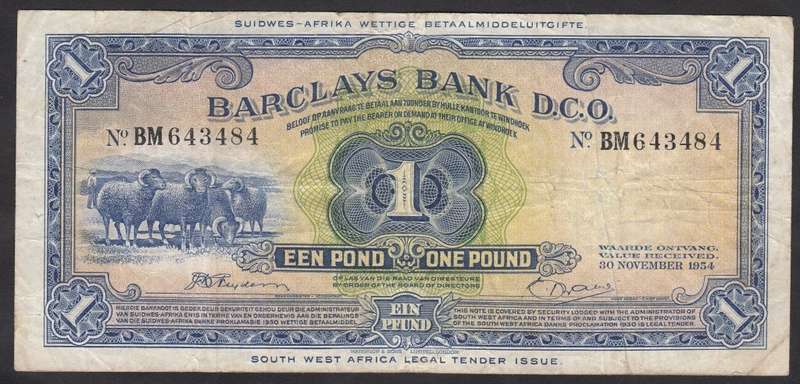South West Africa: Barclays Bank One Pound 30 November 1954