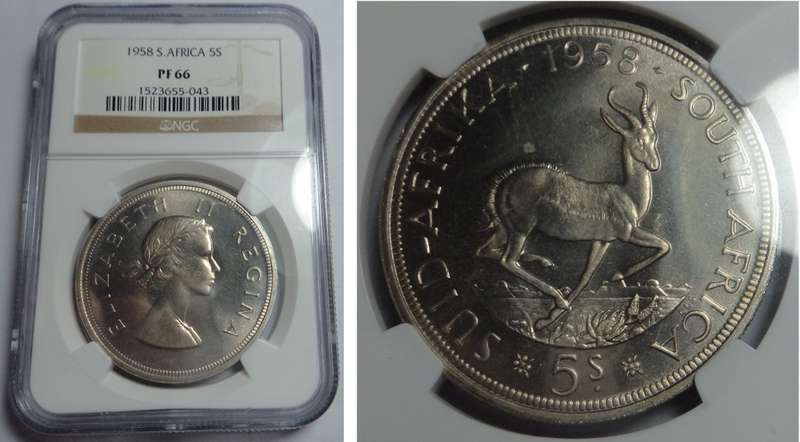 Union of SA: Crown (5/-) 1958: NGC PF 66