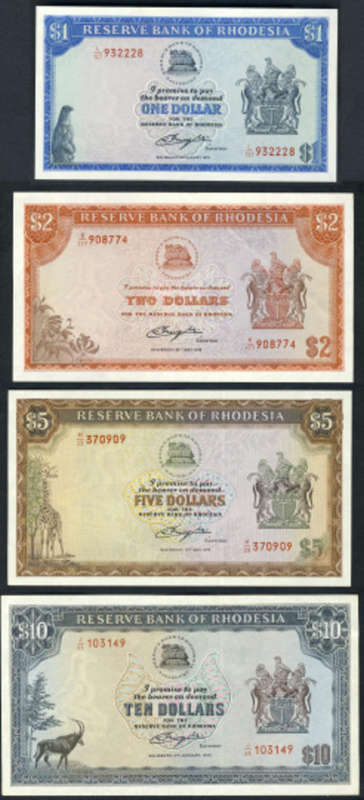 Superb UNCIRCULATED  type set of RHODESIAN Bank Notes ($10, $5, $2 and $1) : Salisbury issues