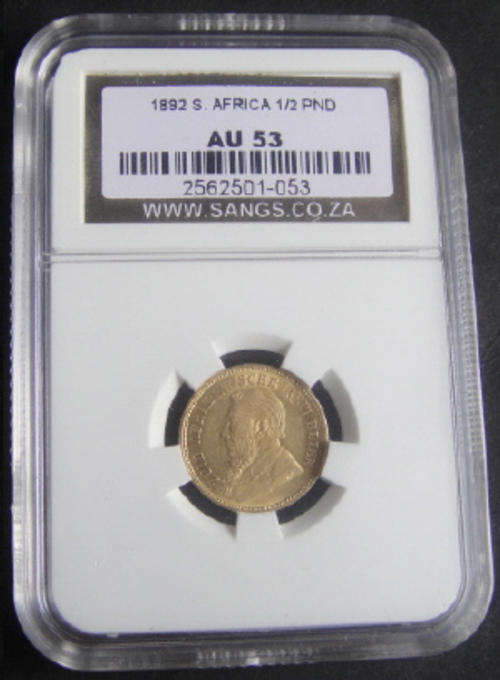 SANGS graded Paul Kruger Z.A.R. 1892 Gold Half-Pond AU53