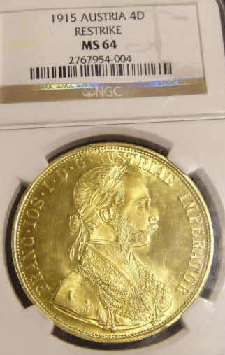 NGC graded MS64 : Crown-sized Austrian 4 Ducat (1915) struck in virtually PURE GOLD ...