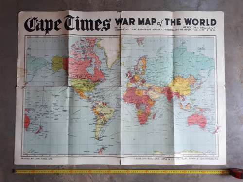 Vintage CAPE TIMES WAR MAP of THE WORLD, September, 3rd, 1938
